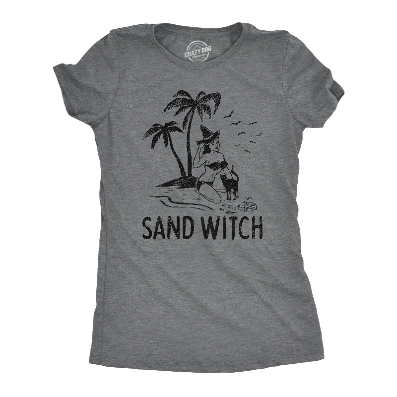 female windbreaker jackets-Womens Sand Witch Tshirt Funny Beach Halloween Black Cat Novelty Tee