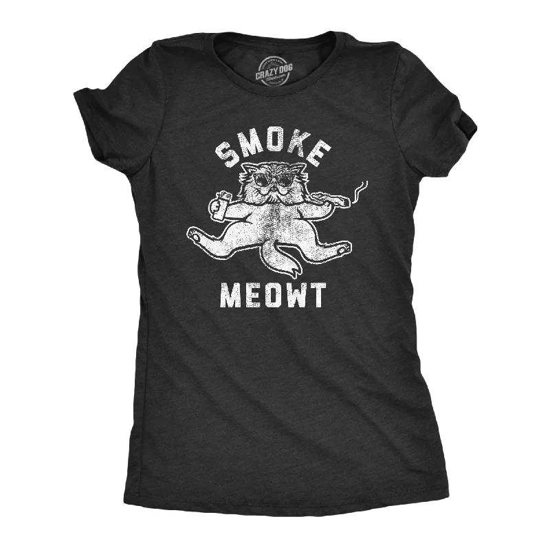 women’s corduroy tops-Womens Smoke Meowt Tshirt Funny 420 High Cat Pet Kitty Lover Graphic Novelty Weed Tee