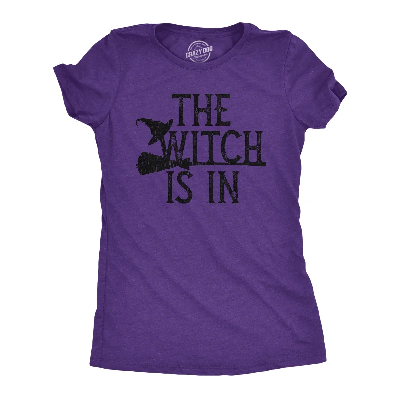 women’s wrap tops-Womens The Witch Is In Tshirt Funny Halloween Broomstick Novelty Tee