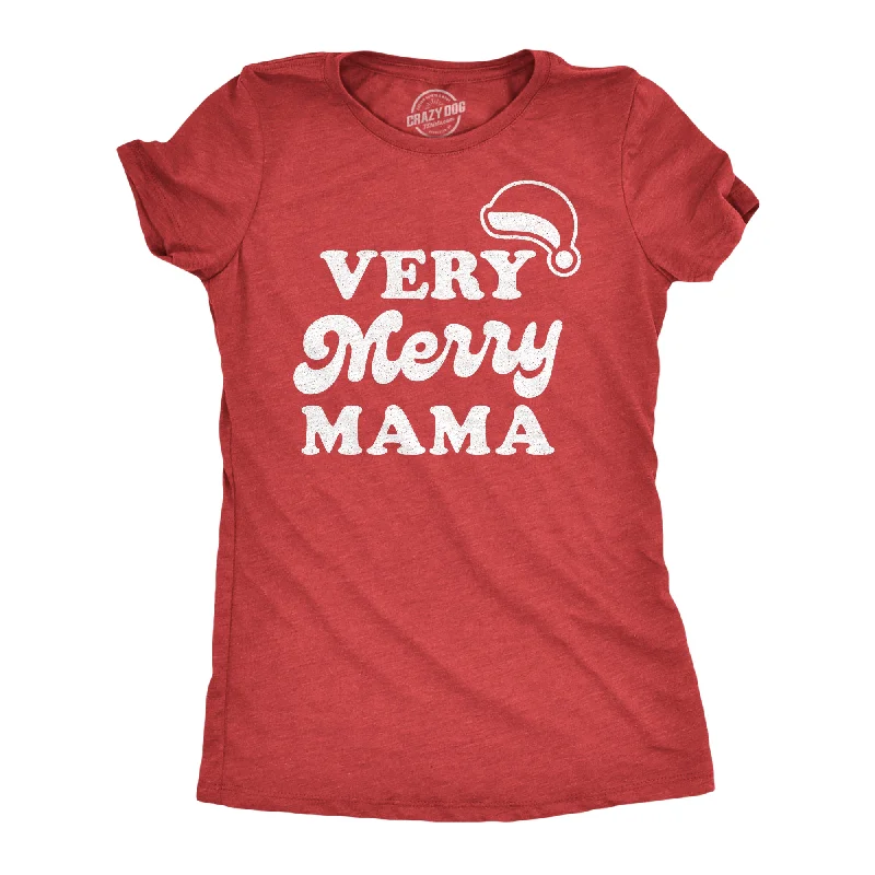 women’s workout tanks-Womens Very Merry Mama Tshirt Cute Christmas Santa Hat Holiday Party Tee For Mom