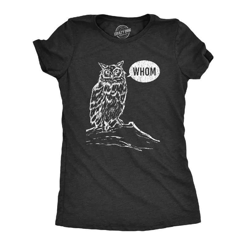 ladies ruffle-neck tops-Womens Whom Owl Tshirt Funny Grammar Nerd Sarcastic Graphic Novelty Tee