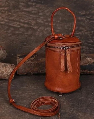 Women's straw backpacks-Brown Womens Leather Bucket Handbag Womens Barrel Purse Small Bucket Shoulder Purse