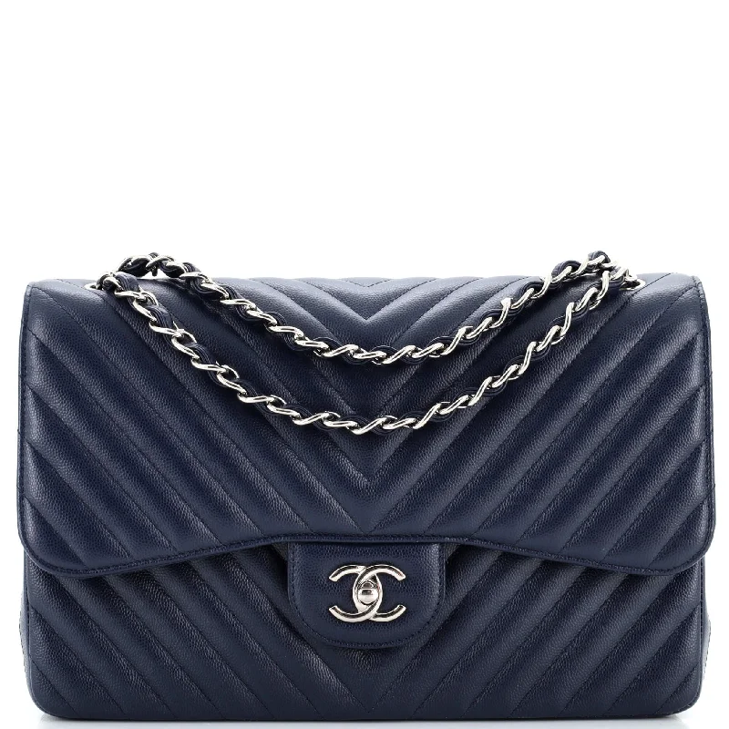 Women's quilted satchels-Classic Double Flap Bag Chevron Caviar Jumbo