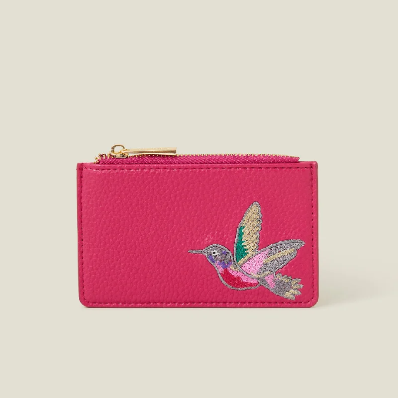 Ladies boho crossbody bags-Embroidered Hummingbird Faux Leather Card Holder