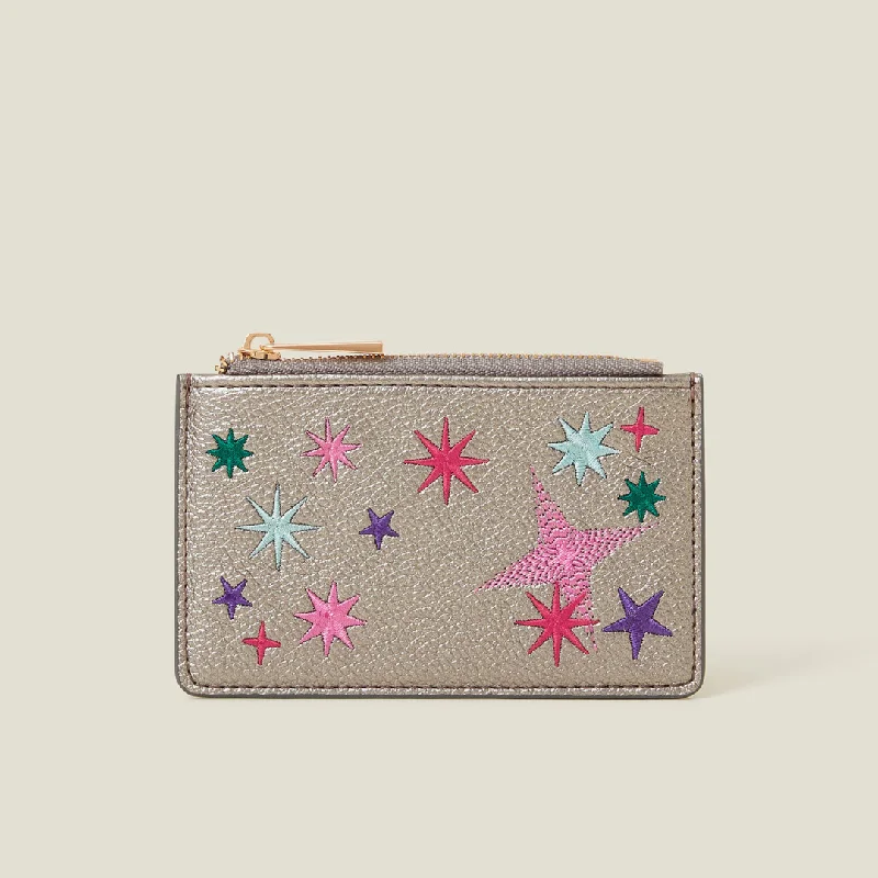 Women's embroidered sling bags-Embroidered Star Card Holder Silver