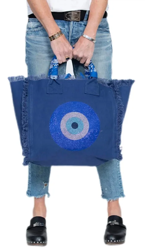 Female stylish crossbody bags-Fringe Evil Eye Canvas Bag Tote In Blue