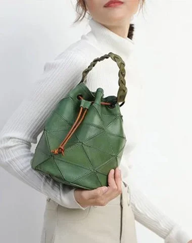 Women's embroidered hobo bags-Cute Green Leather Womens Bucket Shoulder Bag Brown Handbag Barrel Bag for Ladies