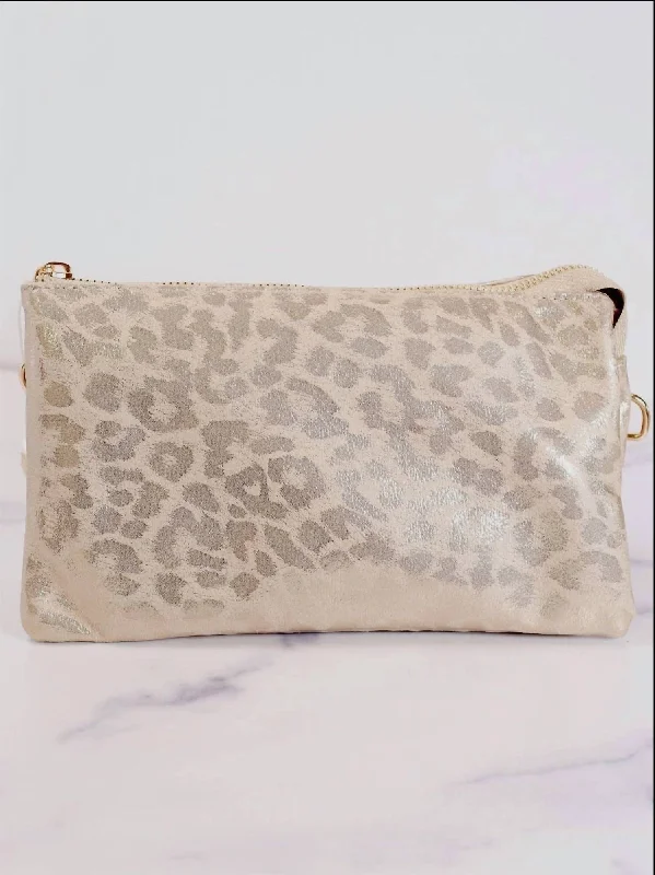 Ladies small shoulder bags-Metallic Leopard Crossbody Bag In Beige