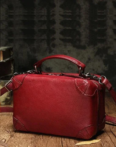 Women's floral sling bags-Red Womens Leather Satchel Handbag Cube Square Box Satchel Brown Handbag Purse for Ladies