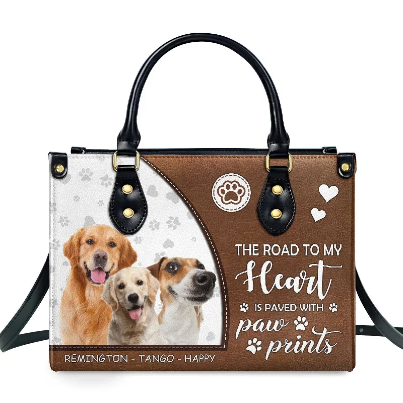 Women's soft shoulder bags-The Road To My Heart Is Paved With Paw Prints - Personalized Leather Handbag SBLHBLL2038M