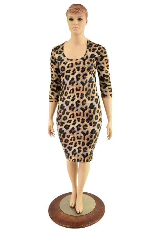 ladies satin pullovers-3/4 Sleeve Leopard Print Wiggle Dress