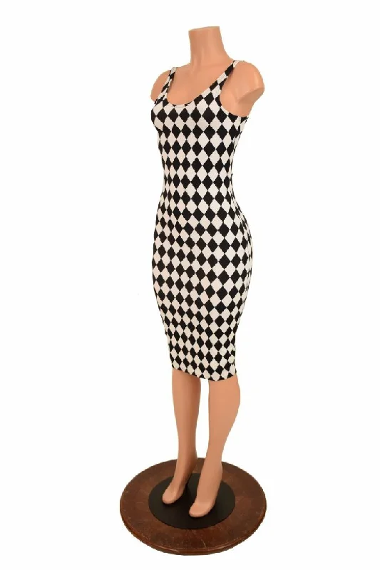 women’s tattersall tops-Black & White Diamond Thin Strap Wiggle Dress