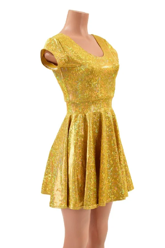 female beach kaftans-Gold Kaleidoscope Cap Sleeve Skater Dress