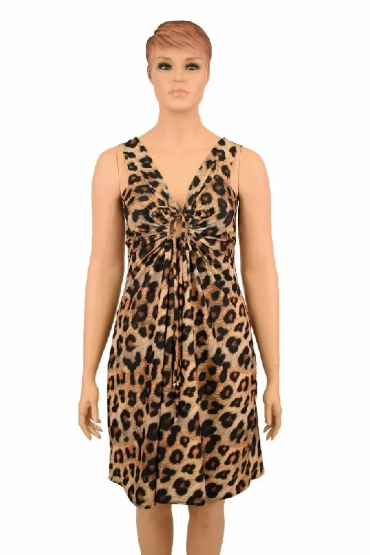 ladies tweed pullovers-Leopard Print A-line Drawstring Keyhole Dress