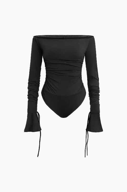 ladies chiffon pullovers-Off Shoulder Bell Sleeve Ruched Bodysuit