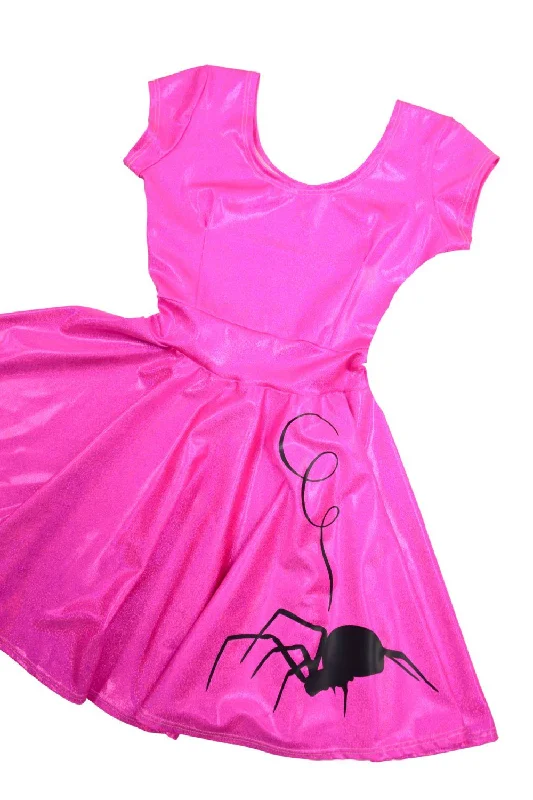 female tulle blouses-Neon Pink Cap Sleeve Spider Skater Dress