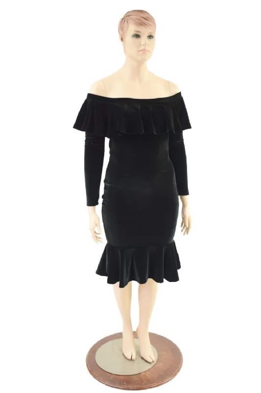 ladies cashmere pullovers-Off Shoulder Ruffled Wiggle Dress in Black Velvet