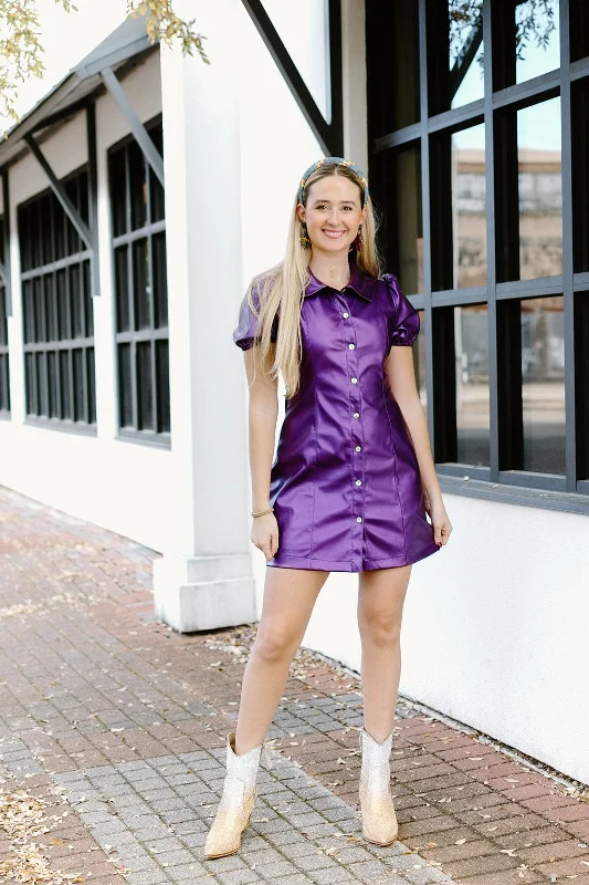 ladies jacquard pullovers-Purple Metallic Button Up Dress