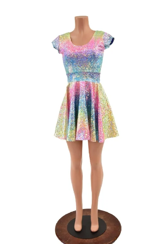 ladies quirky rompers-Rainbow Shattered Glass Cap Sleeve Skater Dress