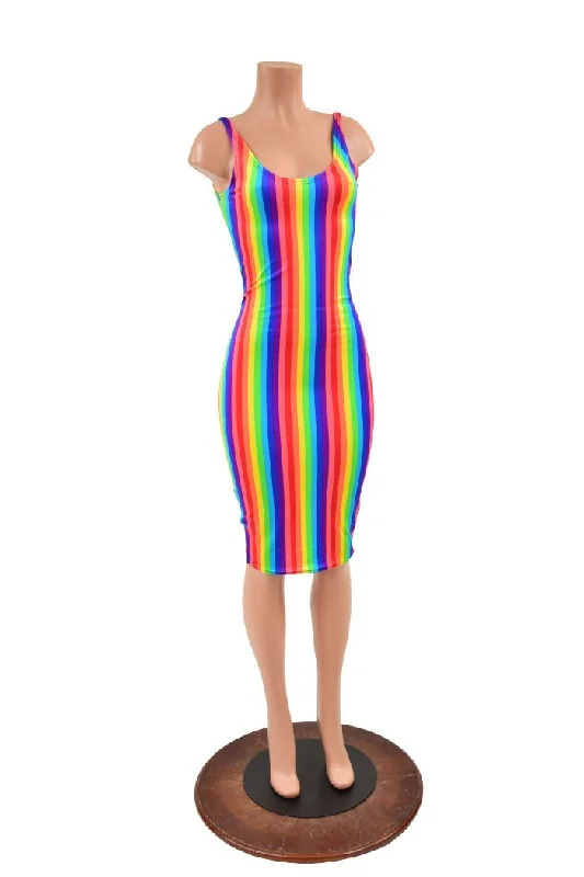 ladies avant-garde rompers-Rainbow Stripe Thin Strap Tank Wiggle Dress