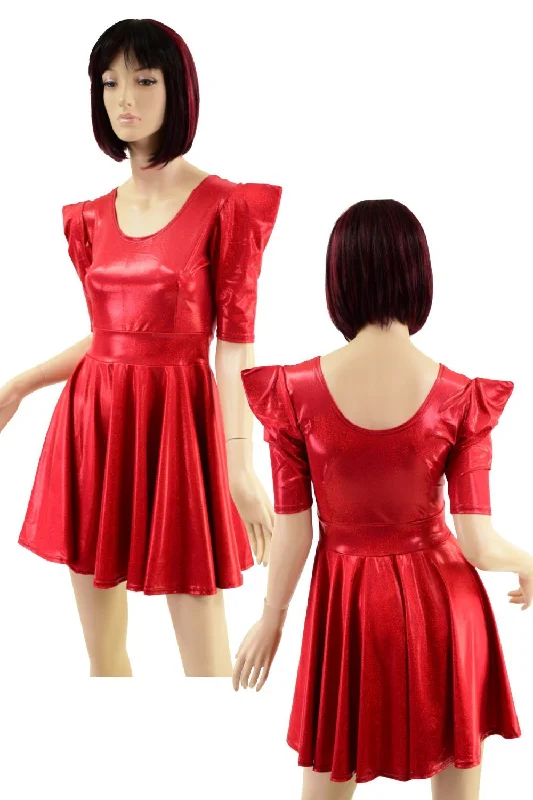 women’s whiskered denim-Red Sparkly Jewel Sharp Shoulder Half Sleeve Skater Dress