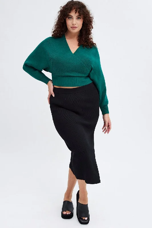 women’s athletic tees-Black Knit Skirt Midi Side Split