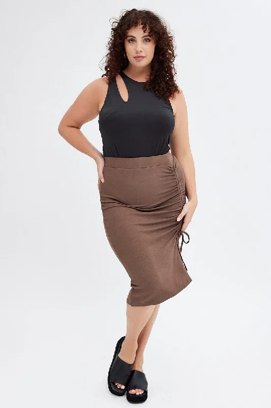 female beach tops-Brown Bodycon Midi Skirt Drawstring Rib