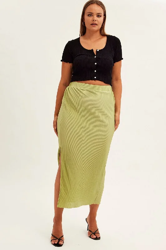 women’s round-neck tops-Green Midi Skirt Midi Split