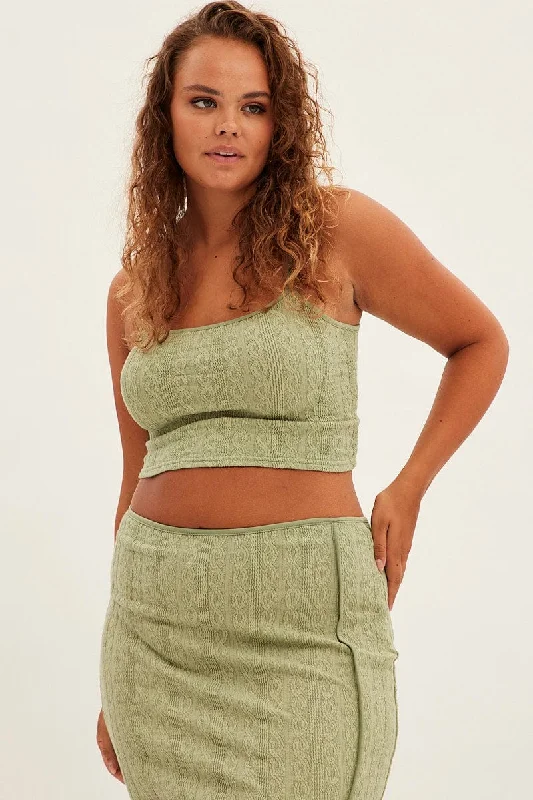 female beach kaftans-Green Midi Skirt Side Split Textured Jersey