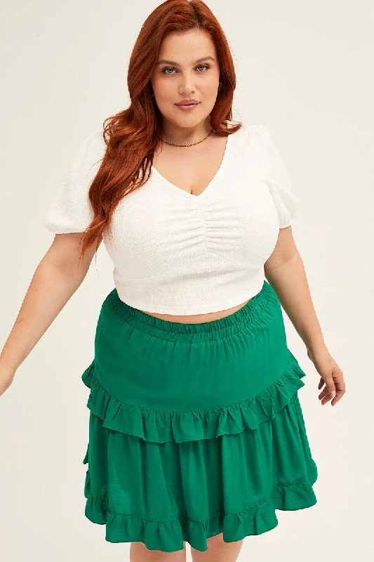 women’s puff-sleeve tops-Green Mini Skirt Elastic Waist Frill Detail