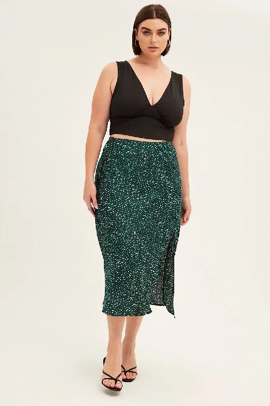 women’s plaid tops-Green Polka Dot Midi Skirt Split Slip Satin