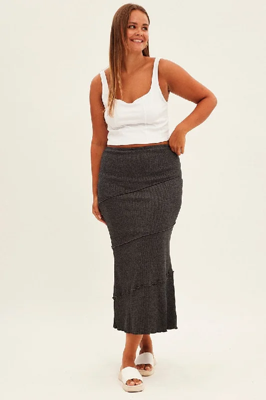 women’s loose sweaters-Grey Maxi Skirt Asymmetric Rib