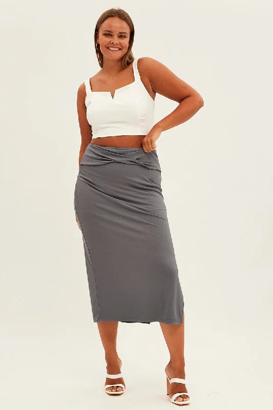 female rainbreaker vests-Grey Midi Skirt High Rise Pencil Ribbed