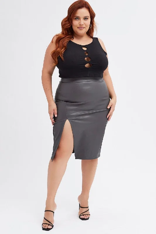 female denim mini dresses-Grey Split Skirt Midi Faux Leather