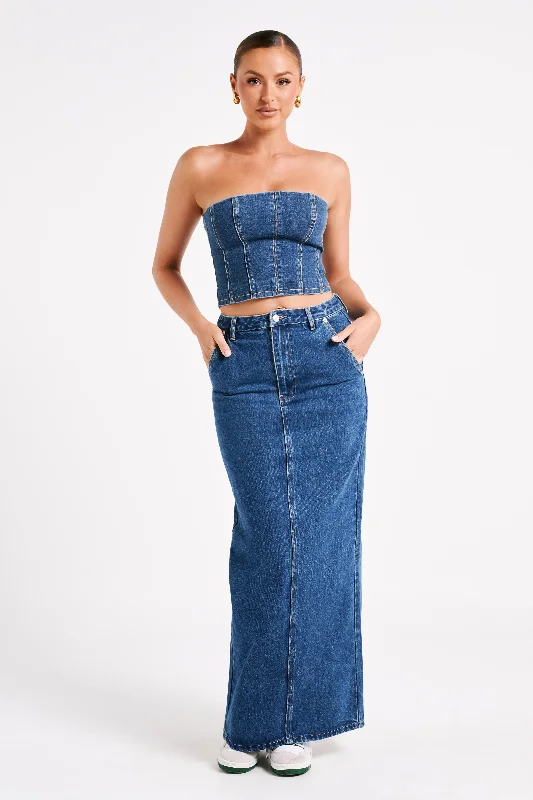 female tiered maxi dresses-Illona Denim Maxi Skirt - Dark Blue