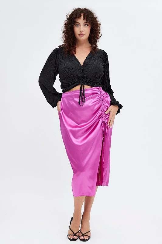 ladies edgy rompers-Pink Midi Skirt Drawstring Satin Split