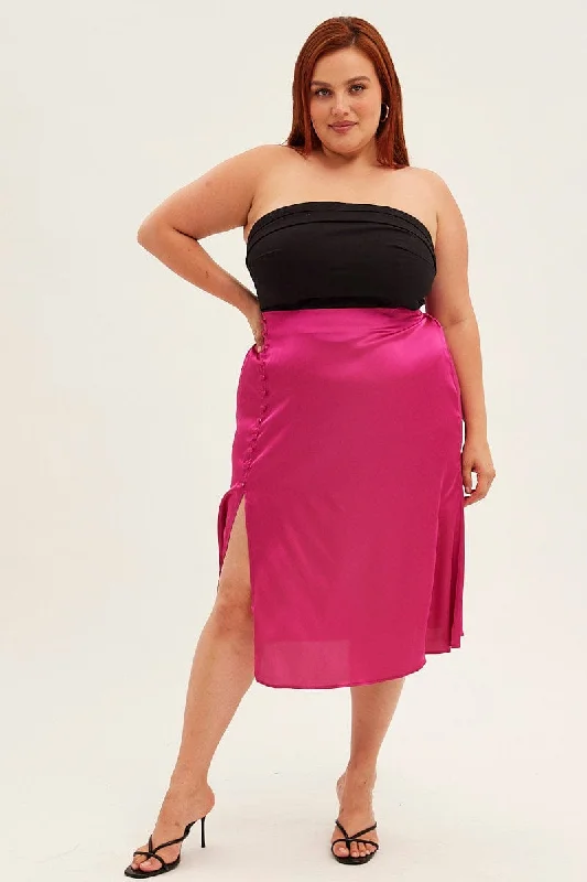 female swim cover-ups-Pink Midi Skirt Satin Slip With Button Detail