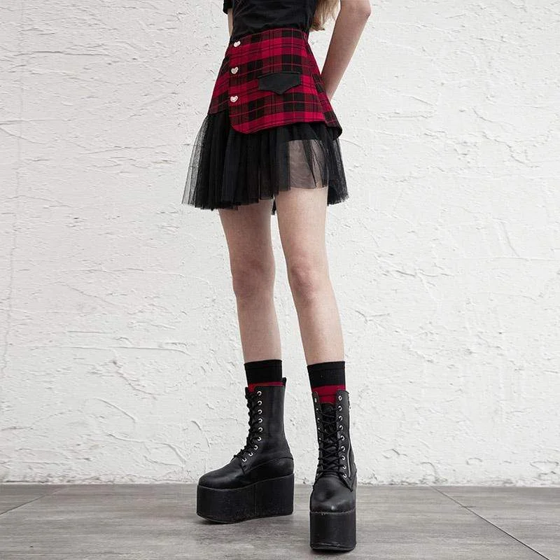 female denim skater skirts-Women's Goth Mesh Irregular Plaid A-line Skirts