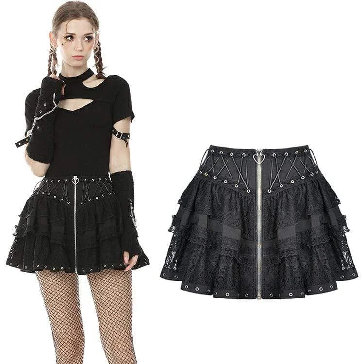 female glitter tops-Women's Punk Front Zip Multi-layer Lace Mini Skirts