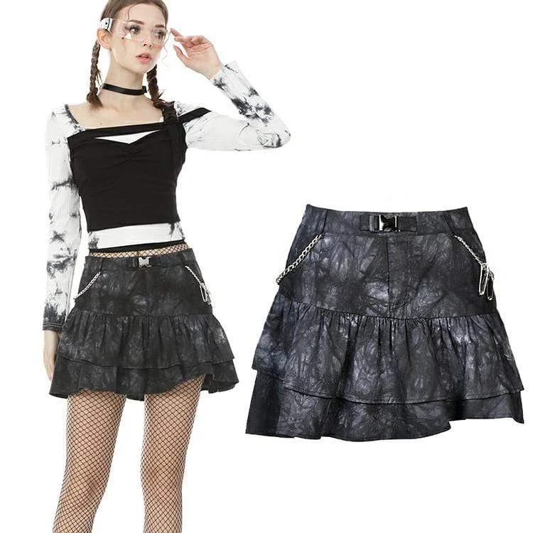 women’s cropped shorts-Women's Punk Tie-dye Double-layer Mini Skirts with Metal Chain