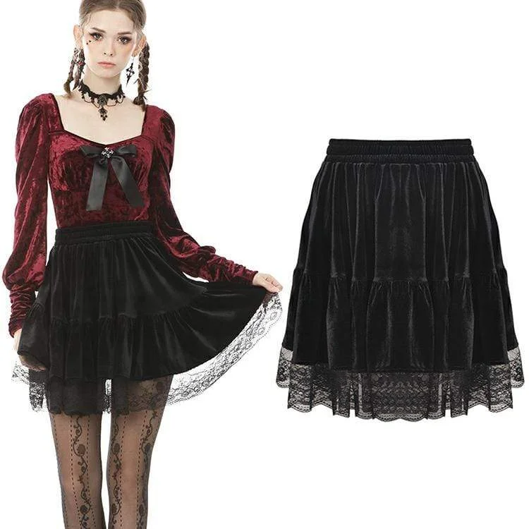 women’s side-tie pullovers-Women's Vintage Gothic Ruffles Velet Mini Skirts with Lace Hem