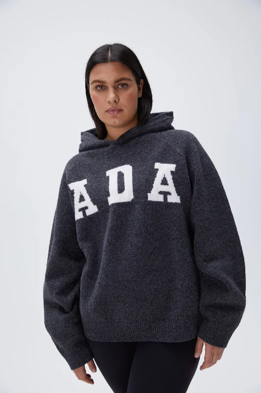 women’s checkered tops-ADA Oversized Knit Hoodie - Dark Grey/Cream