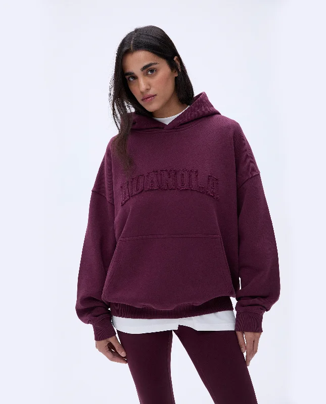 women’s running tees-Distressed Varsity Oversized Hoodie - Dark Cherry