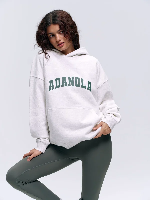 women’s flutter tops-Varsity Oversized Hoodie - Light Grey Melange/Sea Green