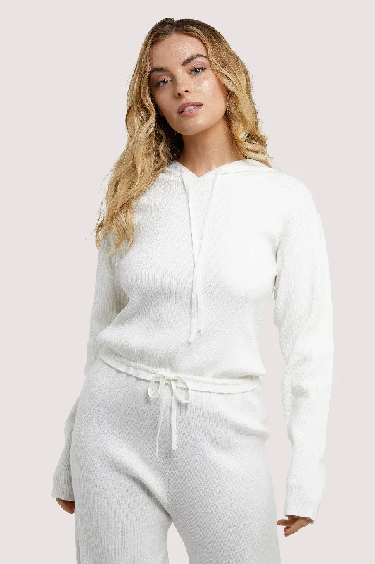 female swim sarongs-Lounge Ivory Knitted Rib Cropped Hoodie