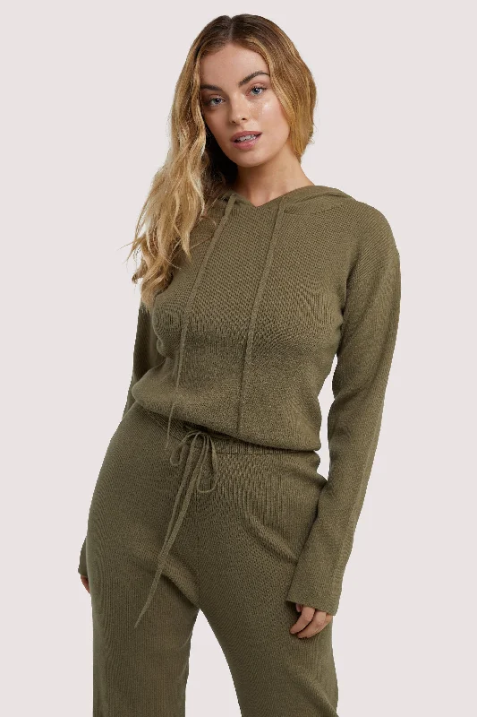 women’s straight culottes-Lounge Khaki Knitted Rib Cropped Hoodie