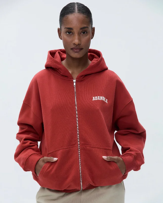 female denim wrap skirts-Varsity Oversized Full Zip Hoodie - Vintage Red