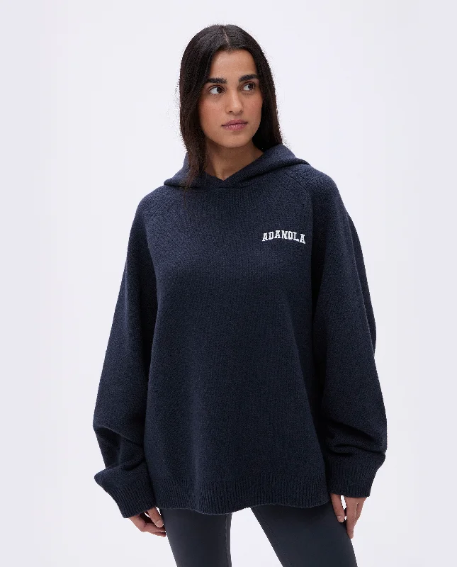 female silk tops-Varsity Oversized Knit Hoodie - Deep Midnight Blue/Cream