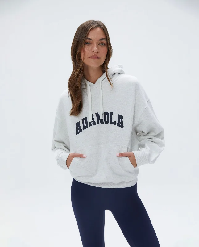 women’s draped pullovers-Varsity Relaxed Drawcord Hoodie - Light Grey Melange