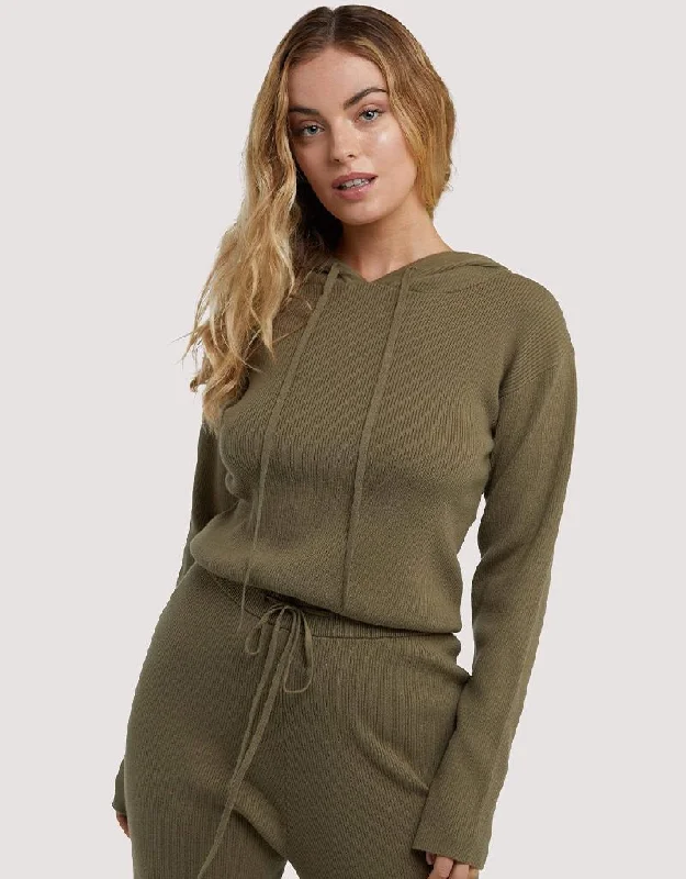 ladies fisherman sandals-Wolf & Whistle Lounge Knitted Rib Cropped Hoodie Khaki